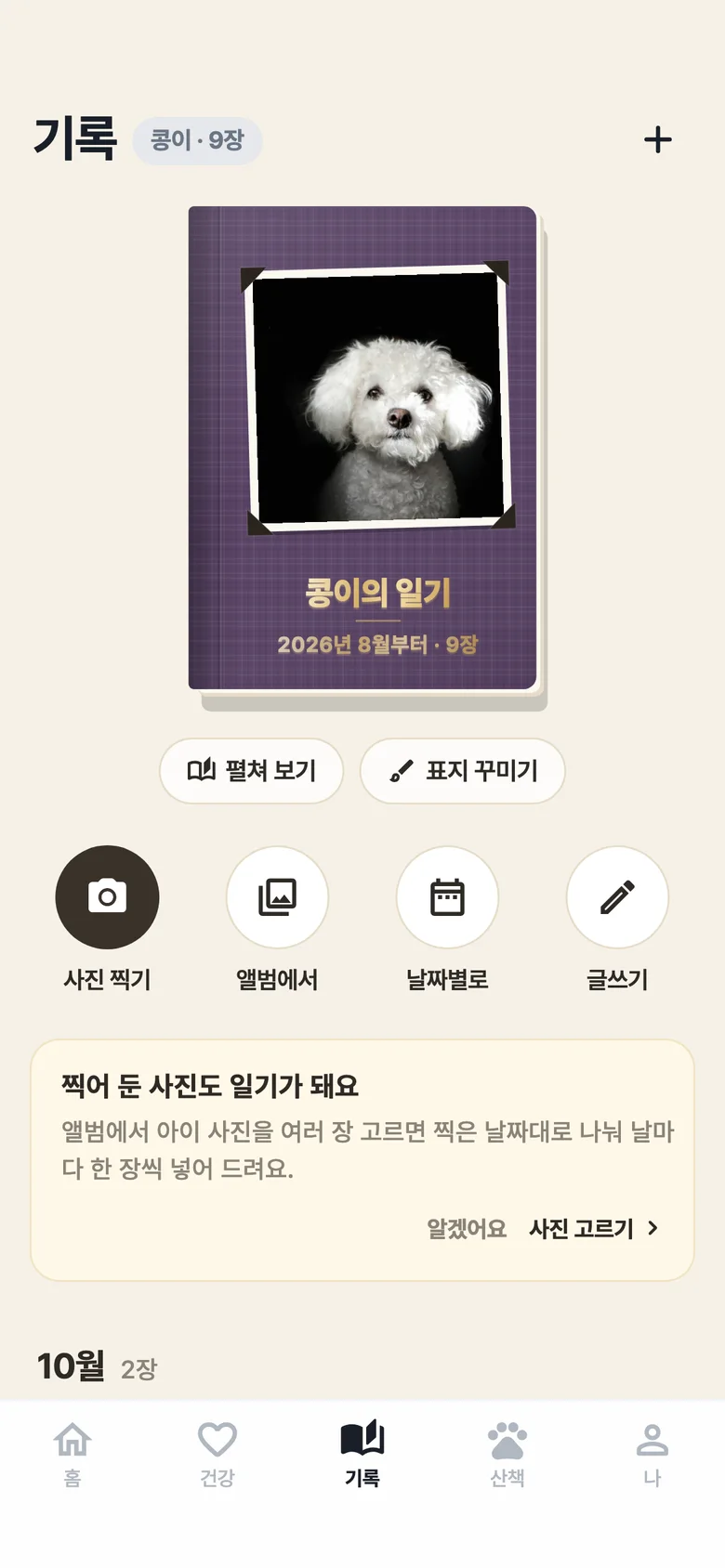 로얄펫 앱 기록 화면: 일기책과 달마다 모인 사진
