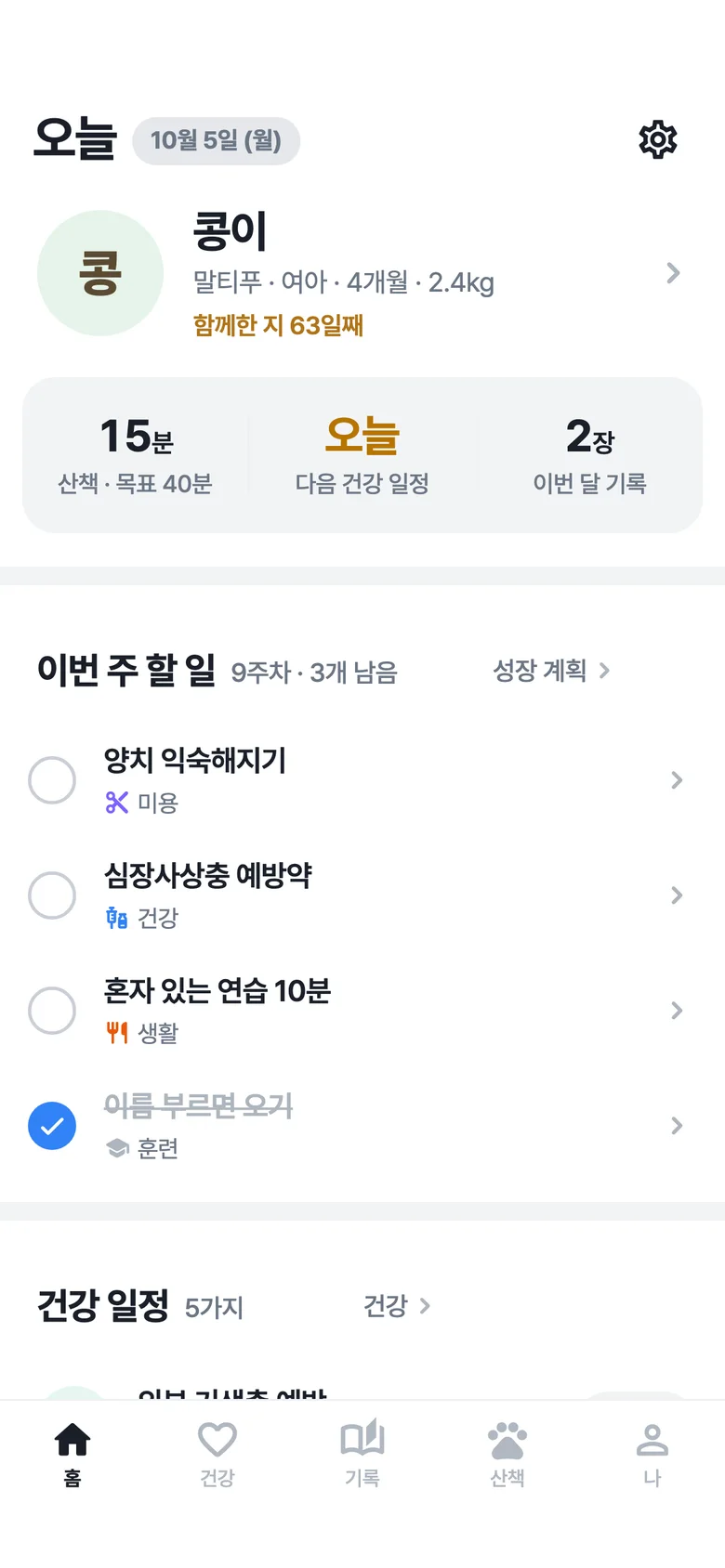 로얄펫 앱 홈 화면: 이번 주 할 일과 건강 일정